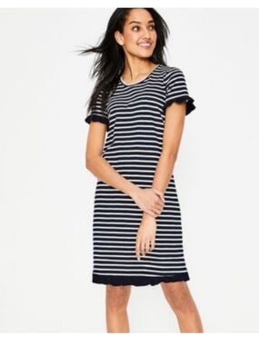 Boden Emily Striped Jersey Ruffle Trim Dress in Navy/Ivory size 8